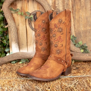 WOMENS COWGIRL cowboy square toe Rustic leather western flower embroidered BOOTS
