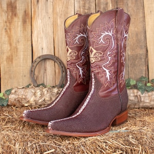 MENS burgundy faux MANTARAY Leather pointed toe cowboy western rodeo boots Mantarraya botas