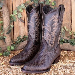 Peut inclure: Deux bottes de cowboy marron avec une texture imitation serpent sur le bas et des tiges en cuir lisse. Elles présentent des coutures décoratives marron clair et sont posées sur un fond en bois rustique.