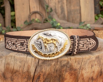 CHILDRENS boys toddler youth WESTERN Horse EMBROIDERED Charro cowboy leather belt & buckle