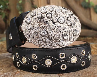 Womens HAND TOOLED LEATHER Rhinestone Western cowgirl cowboy belt & buckle