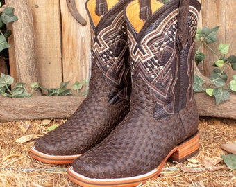 Mens LEATHER COWBOY brown Handtooled square toe boots botines botas PETATILLO