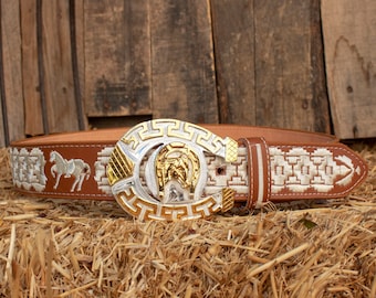 Mens WESTERN LEATHER horse shoe CABALLO embroidered leather belt