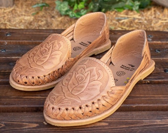 WOMENS MEXICAN SANDALS leather rose stamped shoe huarache