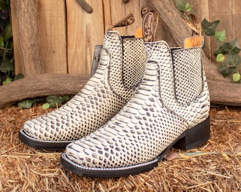 MENS LEATHER COWBOY snake skin faux square toe half boots botines