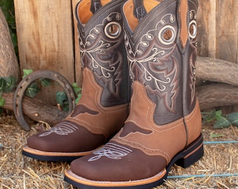 MENS authentic LEATHER COWBOY bull toro print western rodeo square toe boots