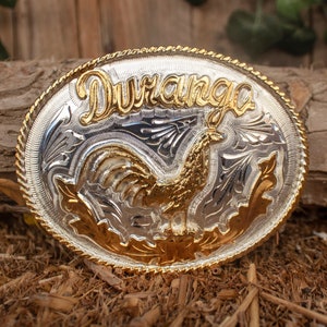 DURANGO Mexico ROOSTER Gallo Engraved cowboy western Jaripeo alpaca belt buckle
