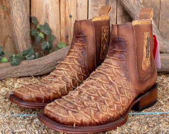 MENS LEATHER COWBOY snake skin faux square toe half boots botines
