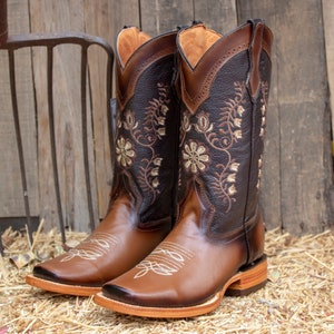 DAMES COWGIRL cowboy rustiek tweekleurige bruine leren leren LAARZEN met vierkante neus