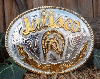 JALISCO MARIACHI HORSE Fibbia per cintura in alpaca western a ferro di cavallo da cowboy con incisione