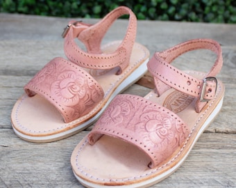 WALKER TODDLER Roze FLOWER-lederen huarache-sandalen met stempel