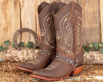 WOMENS COWGIRL brown cowboy pointed toe leather western embroidered BOOTS