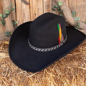 Peut inclure: Un chapeau de cowboy en feutre noir avec une bande en cuir marron et un plumet coloré.