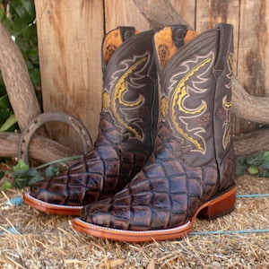 MENS brown faux PIRARUCU fish scale pescado print LEATHER Cowboy wide square toe boots