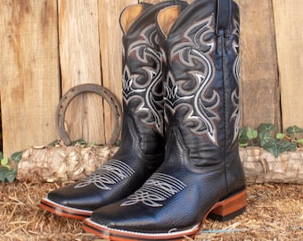 MENS Black deer skin LEATHER COWBOY western rodeo square toe boots