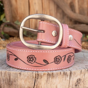 Womens LEATHER FLORAL STAMPED Western cowgirl cowboy leather belt cinto
