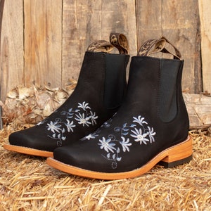 DAMES cowboy leren enkellaarsjes met vierkante neus en geborduurde bloemen