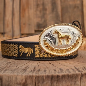 CHILDRENS boys toddler youth WESTERN Horse EMBROIDERED Charro cowboy leather belt & buckle