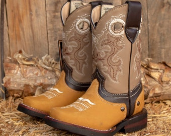 YOUTH TODDLER WESTERN rodeo stivali da cowboy in pelle con punta quadrata bota vaquera