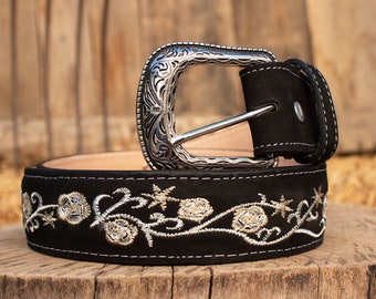WOMENS BLACK rose EMBROIDERED Western cowgirl cowboy leather belt cinto