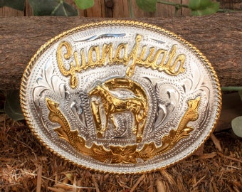 GUANAJUATO MÉXICO mariachi CABALLO Hebilla de cinturón de alpaca con herradura de vaquero occidental grabada