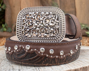 Womens HAND TOOLED LEATHER Rhinestone Western Cowgirl Cowboy Belt