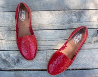 DAMES MEXICAANSE SANDALEN rood leer roos gestempeld schoen huarache