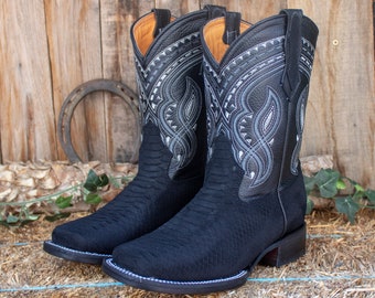 MENS black PYTHON Snake Faux Leather square toe cowboy western rodeo boots PITON