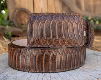 Mens SNAKE python Faux print LEATHER WESTERN buckle cowboy belt vibora grabada