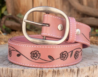 Womens LEATHER FLORAL STAMPED Western cowgirl cowboy leather belt cinto