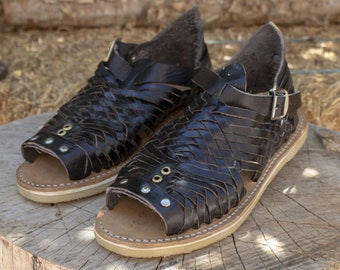 MENS LEATHER HUARACHE buckle Ankle strap black sandals