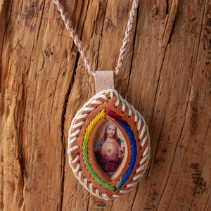 JESUS CHRIST Sacred heart NECKLACE good luck leather charm sagrado corazon escapulario