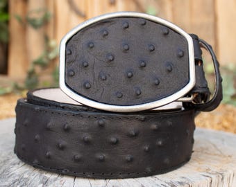 Zwarte heren cowboyriem nepstruisvogelleer met bijpassende gesp Avestruz grabado