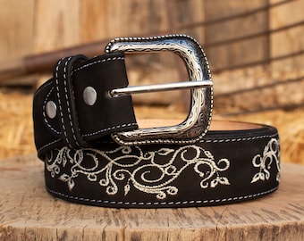 WOMENS BLACK EMBROIDERED Western cowgirl cowboy leather belt cinto