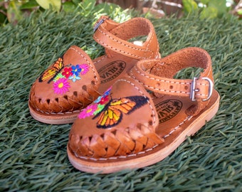 GIRLS WALKER TODDLER Flower Butterfly embroidered leather huarache sandals