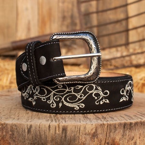 WOMENS BLACK EMBROIDERED Western cowgirl cowboy leather belt cinto