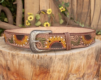 Womens SUNFLOWER LEATHER STAMPED Western cowgirl cowboy leather belt cinto girasol