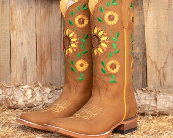 WOMENS COWGIRL cowboy square toe leather sunflower embroidered BOOTS