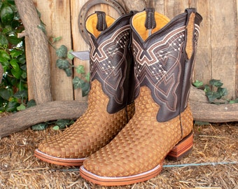 Cavendernders Western Boots Size 8.5 D Ostrich Brown/tan Square Toe Cavenders Mens Bone and Chocolate Ostrich Print Wide Square  main image 3