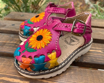 Girls WALKER TODDLER YOUTH sunflower embroidered pink leather huarache sandals