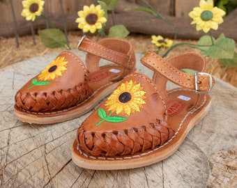 Girls TODDLER YOUTH SUNFLOWER embroidered leather huarache sandals