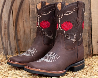 WOMENS COWGIRL cowboy square toe leather rose embroidered BOOTS