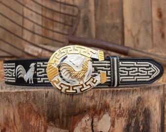 Mens WESTERN LEATHER ROOSTER gallo embroidered leather belt and buckle