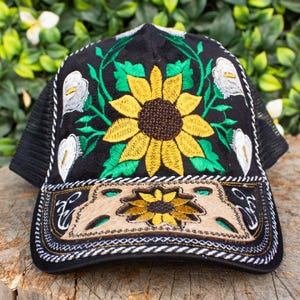 Womens SUNFLOWER tulips EMBROIDERED adjustable trucker hat cap with COW hair patch