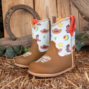 BABY unisex WESTERN CARTOON themed printed round toe leather cowboy boots