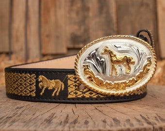 CHILDRENS boys toddler youth WESTERN Horse EMBROIDERED Charro cowboy leather belt & buckle