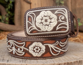 Womens WESTERN EMBROIDERED FLOWER cowgirl cowboy leather belt