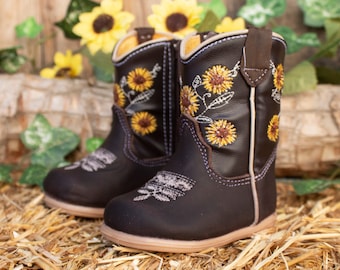 Girls BABY EMBROIDERED SUNFLOWER round toe leather cowboy boots