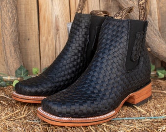 MENS LEATHER COWBOY Nubuck Snake Python Print Skin Faux Square Toe Half ...