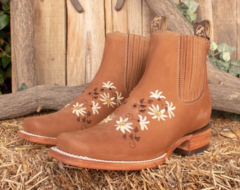 WOMENS cowgirl cowboy square toe leather flower embroidered ANKLE BOOTS